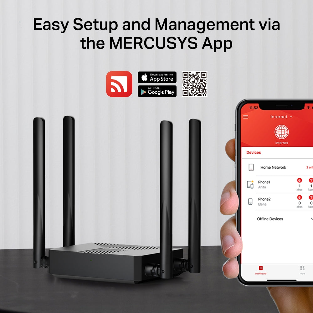 Router Mercusys MR62X junto a un teléfono que muestra la administración mediante la app MERCUSYS
