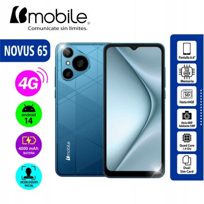 BMOBILE NOVUS 65 – SMARTPHONE 4G LTE • 6.5" • 2 GB RAM + 64 GB ROM • DUAL SIM • COLOR AZUL