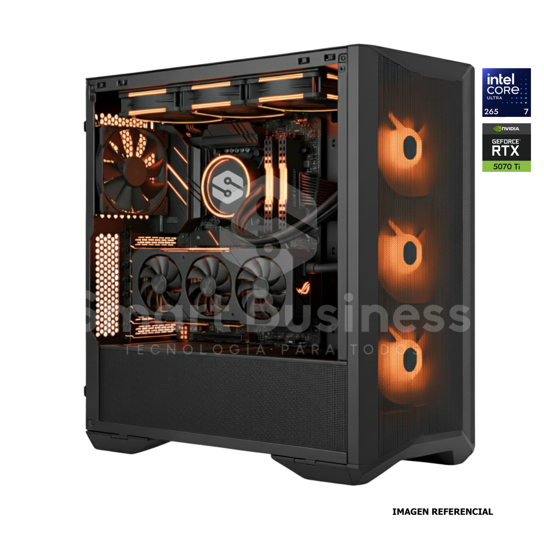 Workstation profesional · Intel ULTRA 7 CU7-265 · Chipset Z890 · RTX 5070 Ti 16GB · 128GB (4X32GB) DDR5 CL32/6400MHZ ·2TB NVMe M.2.PCIe 5/14,000 MB/s · Fuente 1000W 80+ GOLD · AIO 360mm