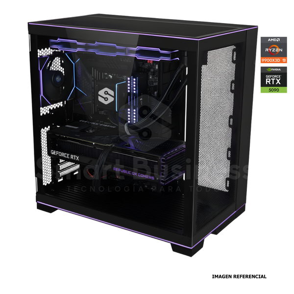 Workstation profesional · Ryzen 9 9900X3D · Chipset ROG STRIX B850-E · RTX 5090 32G PCIe 5.0· 128GB (4X32GB) DDR5 CL32/6400MHZ · 4TB NVMe M.2/PCIe 4GEN - 14000 MB/S · Fuente 1300W 80+ GOLD · AIO 360mm