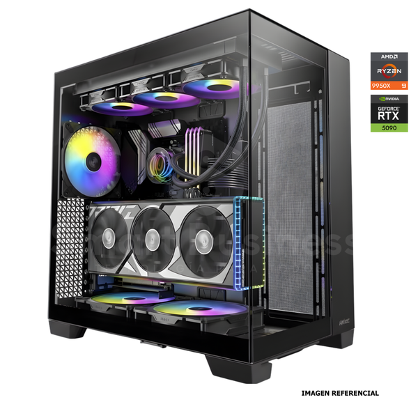 Workstation profesional · Ryzen 9 9950X 4.3ghz · Chipset ATX X870E · RTX 5090 32GB PCIe 5.0· 128GB (4X32GB) DDR5 CL32/6400MHZ · 2TB NVMe M.2/PCIe - 14000 MB/S · Fuente 1250W 80+ GOLD · AIO 360mm