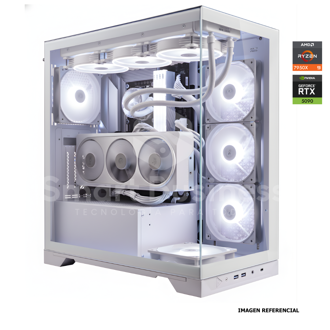 Workstation profesional · Ryzen 9 7900X 4.5ghz · Chipset ATX X870E ICE · RTX 5090 32GB PCIe 5.0· 128GB (4X32GB) DDR5 CL32/6400MHZ · 2TB NVMe M.2/PCIe - 14000 MB/S · Fuente 1000W 80+ GOLD · AIO 360mm WHITE