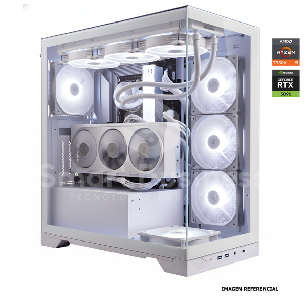 Workstation profesional · Ryzen 9 7900X 4.5ghz · Chipset ATX X870E ICE · RTX 5090 32GB PCIe 5.0· 128GB (4X32GB) DDR5 CL32/6400MHZ · 2TB NVMe M.2/PCIe - 14000 MB/S · Fuente 1000W 80+ GOLD · AIO 360mm WHITE