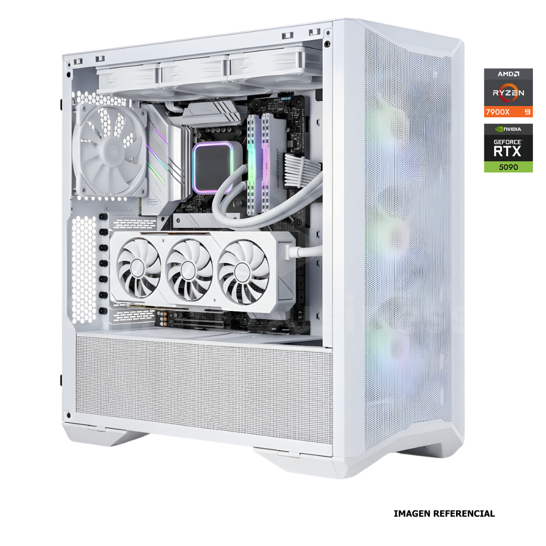 Workstation profesional · Ryzen 9 7900X 4.7ghz · Chipset ROG STRIX X870-A WHITE· RTX 5090 32GB PCIe 5.0· 128GB (4X32GB) DDR5 CL32/6400MHZ · 2TB NVMe M.2/PCIe - 14000 MB/S · Fuente 1000W 80+ GOLD · AIO 360mm WHITE