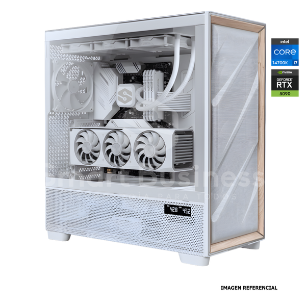 Workstation profesional · Intel Core i7-14700K 3.4ghz · Chipset Intel Z890 WHITE · RTX 5090 MASTER ICE 32G · 128GB (4X32GB) DDR5 CL32/6400MHZ · 2TB NVMe M.2/PCIe - 14000 MB/S · Fuente 1000W 80+ GOLD · AIO 360mm WHITE