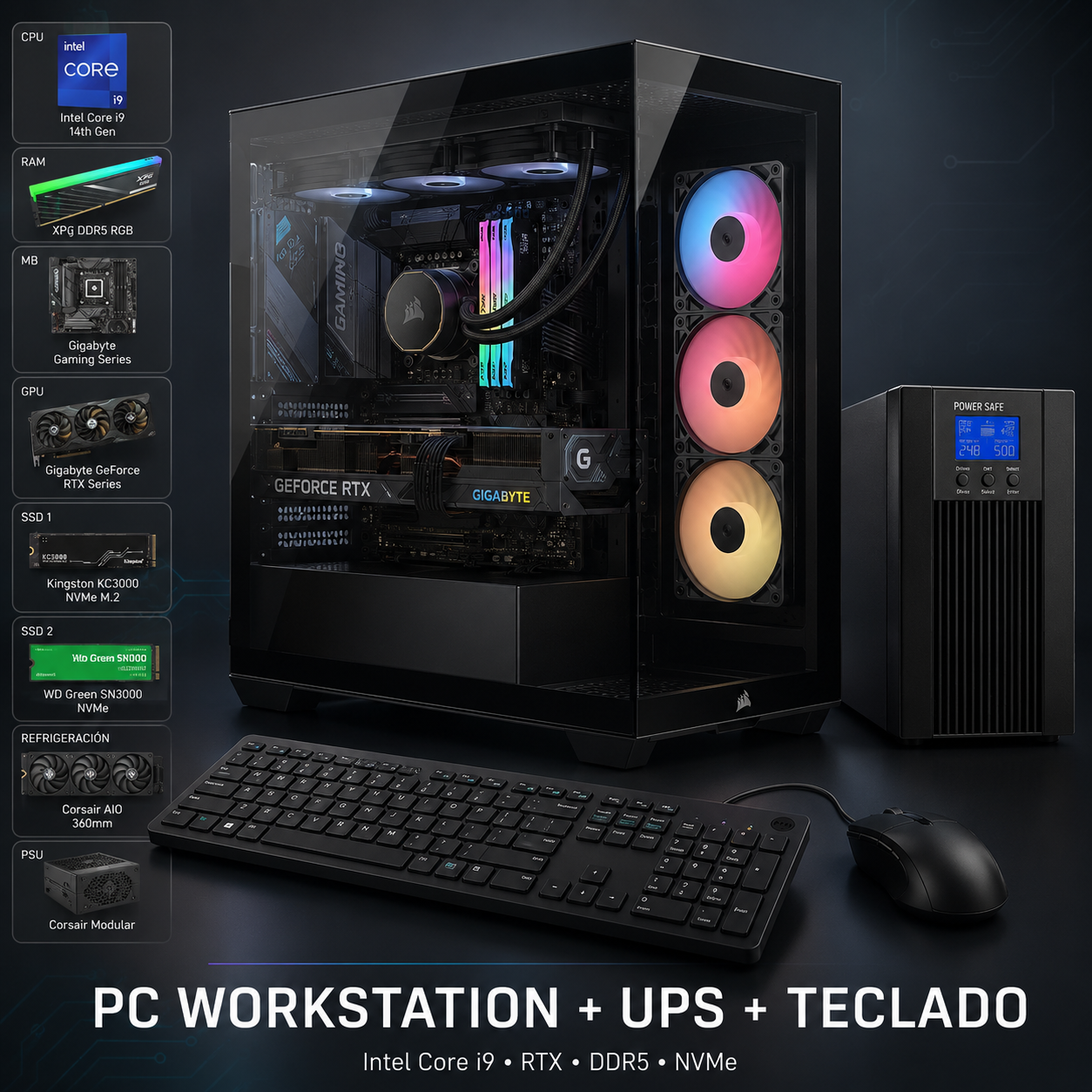 PC Workstation Extreme - Core i9 14900KF - RTX 5070 Ti 16GB GDDR7 - 64GB RAM DDR5 6000MHz - 3TB SSD NVMe Gen4 - Placa Z790 Wi-Fi 6E - Refrigeración Líquida 360mm - Fuente 1000W ATX 3.1 - Chasis Cristal Templado - UPS On-Line 2000VA