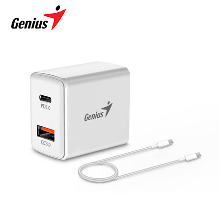 GENIUS PD-20ACP – CARGADOR RÁPIDO 20 W, USB-C PD 3.0 + USB-A QC 3.0, CON CABLE USB-C DE 1 M, COLOR BLANCO