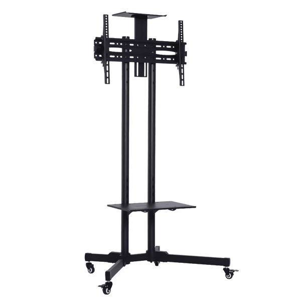 RACK PEDESTAL PK1500 – SOPORTE DE PISO PARA TV DE 32″ A 65″, ALTURA FIJA 1.85 M, VESA 600X400 MM, CAPACIDAD 50 KG, BASE CON RUEDAS Y BANDEJA AJUSTABLE, GARANTÍA 2 AÑOS (SIN INSTALACIÓN)