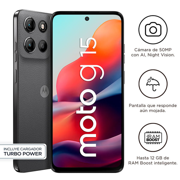 SMARTPHONE MOTOROLA MOTO G15 DE 4GB RAM Y 256GB ALMACENAMIENTO EN COLOR GRIS - POTENTE RENDIMIENTO Y DISEÑO ELEGANTE PARA TU DÍA A DÍA.