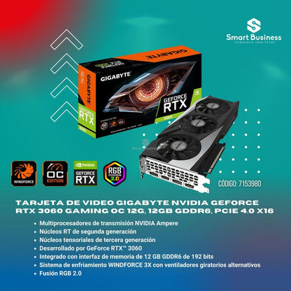 TARJETA DE VIDEO GIGABYTE NVIDIA GEFORCE RTX 3060 GAMING OC 12G, 12GB GDDR6, PCIE 4.0 X16
