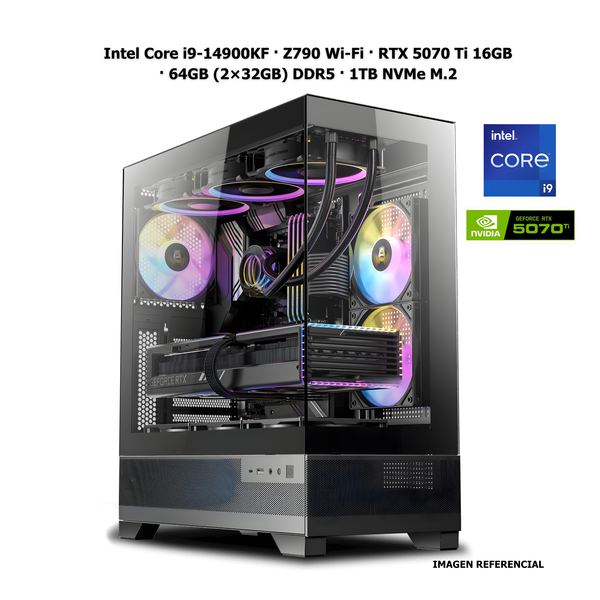 Workstation profesional · Intel Core i9-14900KF · Z790 Wi-Fi · RTX 5070 Ti 16GB · 64GB (2×32GB) DDR5 · 1TB NVMe M.2 · Fuente 850W 80+ Titanium · Refrigeración líquida · Windows 11 Pro