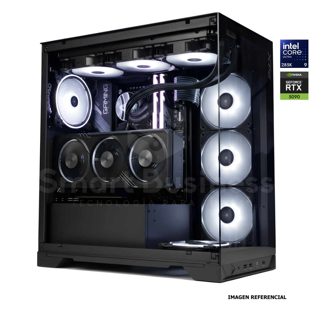Workstation profesional · Intel ULTRA 9 CU9-285 · Chipset Z890 · RTX 5090 32GB · 128GB (4X32GB) DDR5 CL32/6400MHZ · 4TB NVMe M.2/PCIe 4GEN, 7450 MB/S · Fuente 1300W 80+ GOLD · AIO 360mm