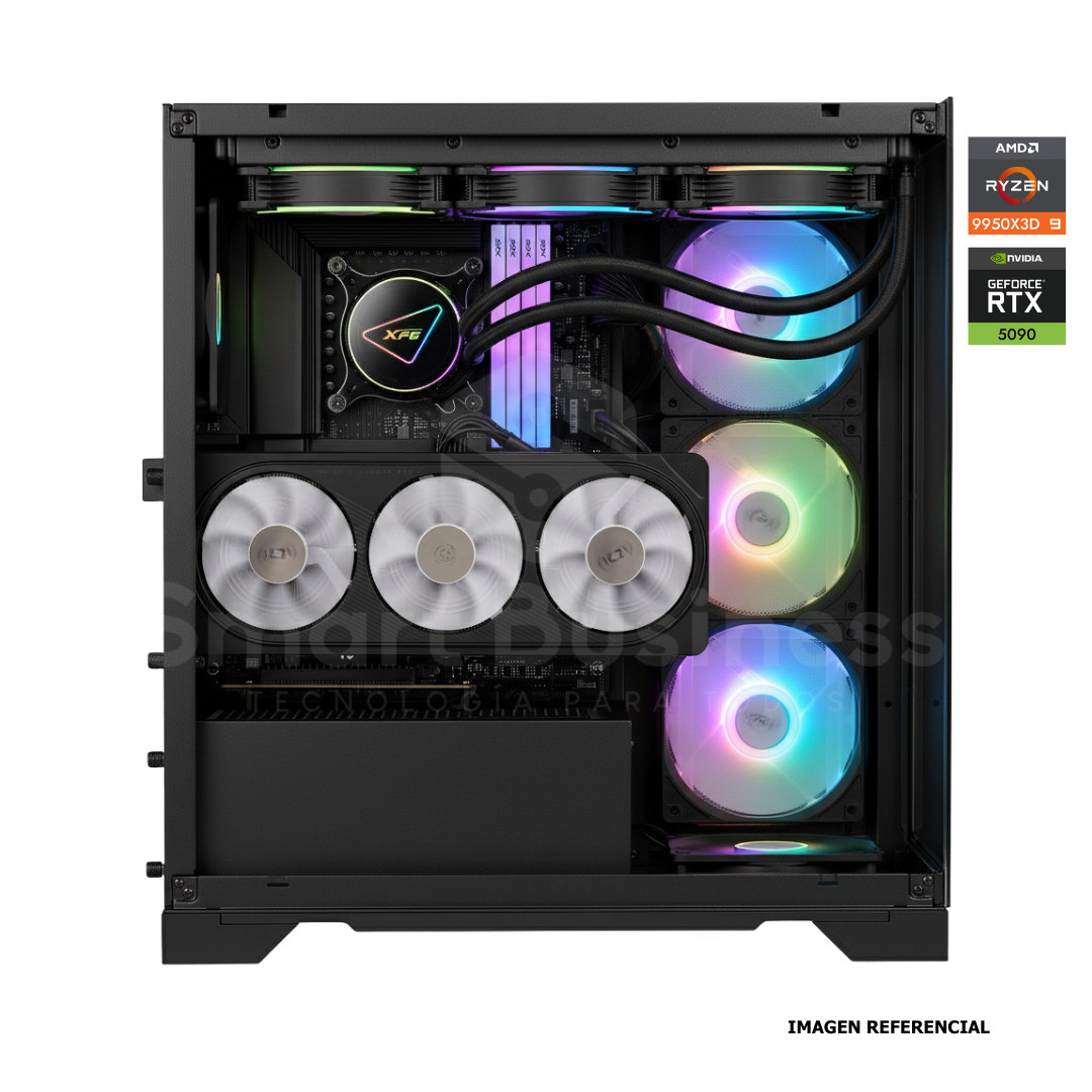 Workstation profesional · Ryzen 9 9950X3D · Chipset X870E/ AM5 · RTX 5090 32G  PCIe 5.0 · 128GB (4X32GB) DDR5 CL32/6400MHZ · 4TB NVMe M.2/PCIe 4GEN - 14000 MB/S · Fuente 1300W 80+ GOLD · AIO 360mm