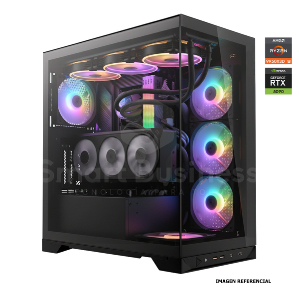Workstation profesional · Ryzen 9 9950X3D · Chipset X870E/ AM5 · RTX 5090 32G  PCIe 5.0 · 128GB (4X32GB) DDR5 CL32/6400MHZ · 4TB NVMe M.2/PCIe 4GEN - 14000 MB/S · Fuente 1300W 80+ GOLD · AIO 360mm