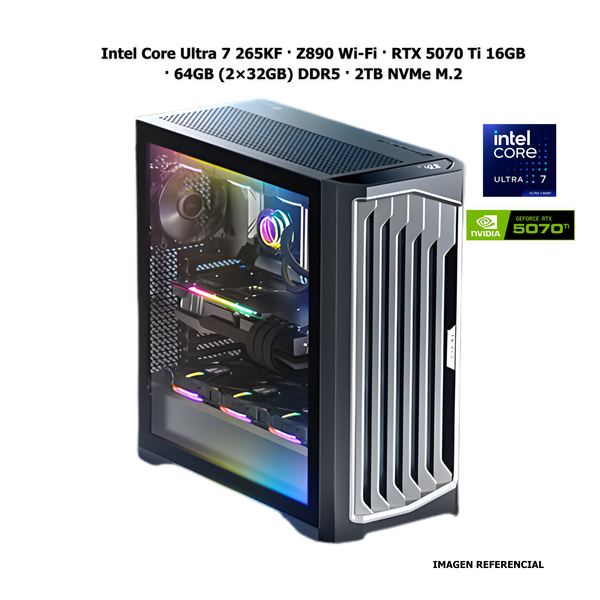 Workstation profesional · Intel Core Ultra 7 265KF · Z890 Wi-Fi · RTX 5070 Ti 16GB · 64GB (2×32GB) DDR5 · 2TB NVMe M.2 · Fuente 850W 80+ Titanium · Refrigeración líquida · Windows 11 Pro