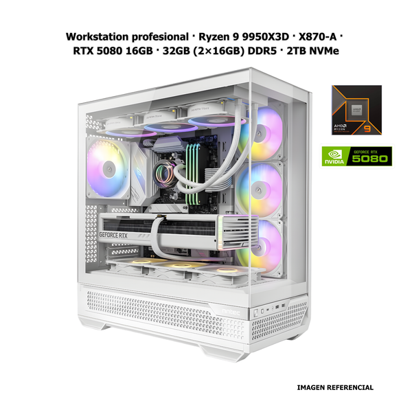 Workstation profesional · AMD Ryzen 9 9950X3D · X870-A Wi-Fi · RTX 5080 16GB · 32GB (2×16GB) DDR5 · 2TB NVMe · Fuente poder 1300W 80+ Gold · Vortex Lum 360 AIO (3×120mm) · C7 ARGB · Windows 11 Pro
