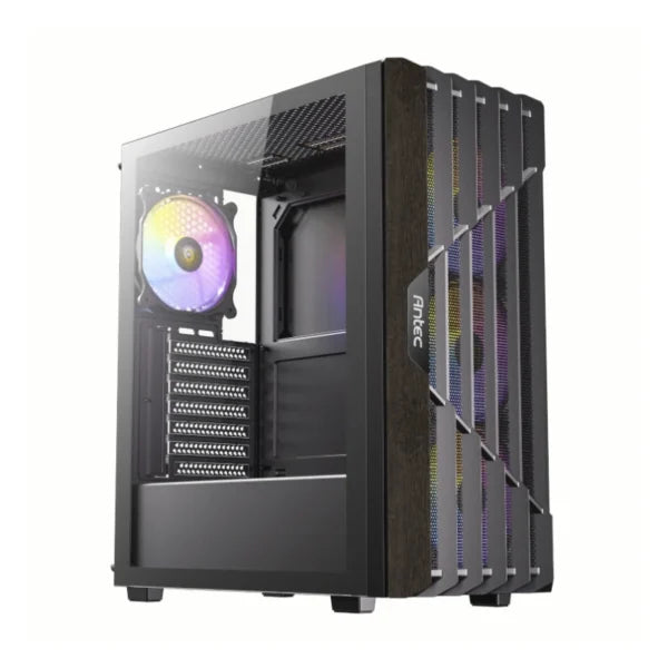 GABINETE ANTEC AX63 WOOD ARGB, MIDI-TOWER, ATX/MICRO-ATX/ ITX, USB 2.0, SIN FUENTE, 4 VENTILADORES INSTALADOS, NEGRO