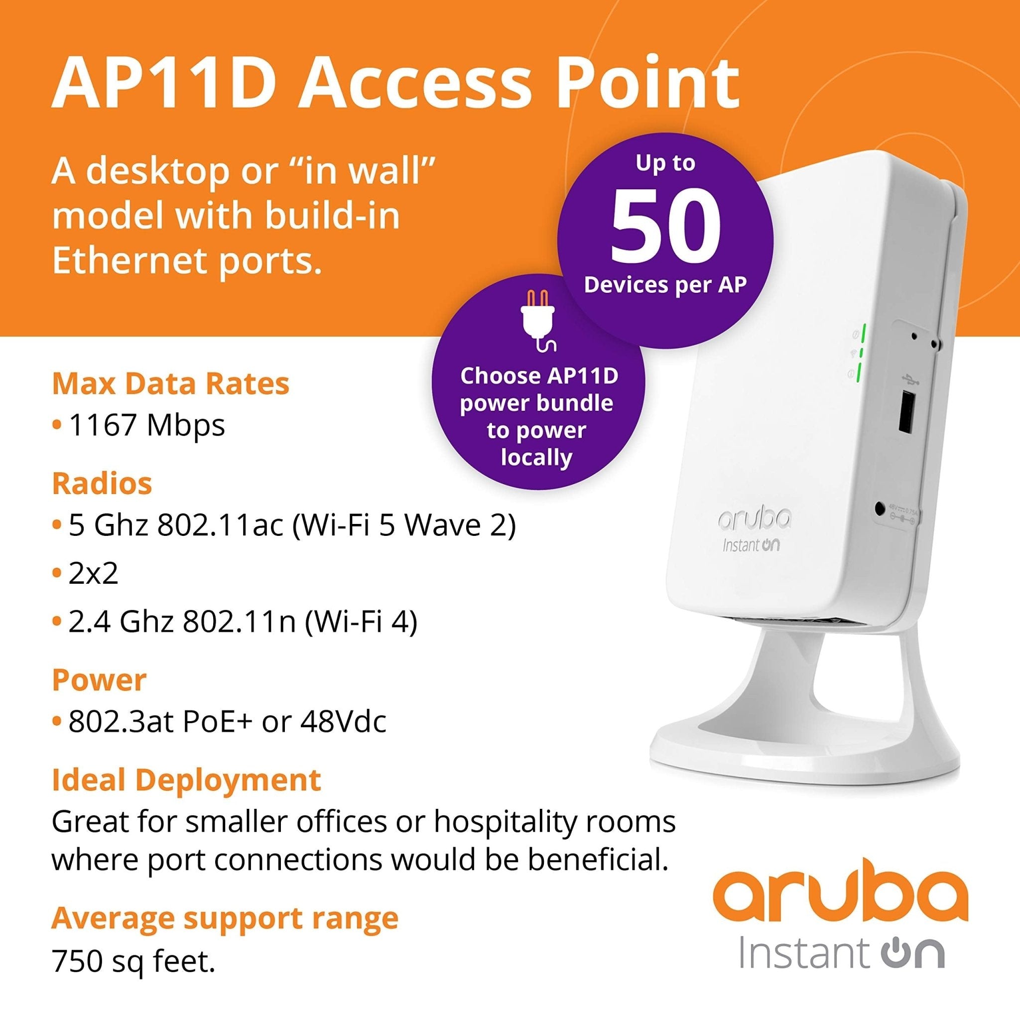 Access Point Aruba de Banda Dual Instant On AP11D, 867Mbit/s, 2x RJ - 45, 2.4/5GHz, Antena de 6.2dBi R2X16A - SMART BUSINESS