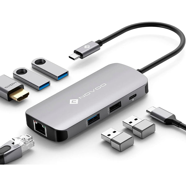 DOCKING STATION NOVOO 7-EN-1 – USB-C, PLUG-AND-PLAY, EXPANSIÓN DE PUERTOS PARA PC Y LAPTOP