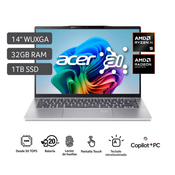 PORTÁTIL ULTRALIGERO ACER SWIFT 14 AI – PANTALLA TÁCTIL 14″ WUXGA, RYZEN AI 9, 32 GB RAM, SSD 1 TB, WINDOWS 11 de Acer | first_variant_option_1 — Envío inmediato
