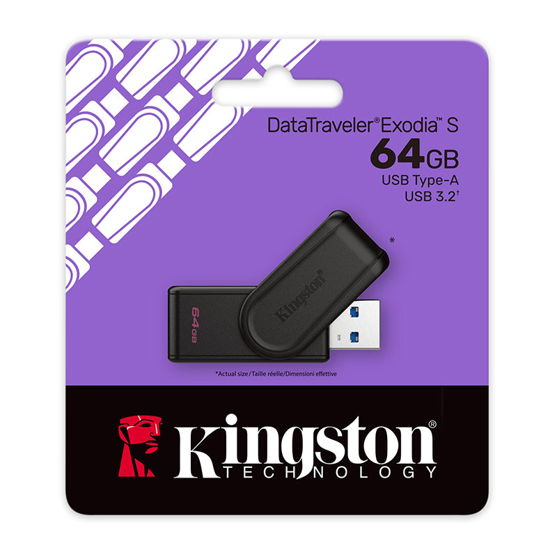 MEMORIA USB KINGSTON 64GB DTXS/64GB DATATRAVELER EXODIA S, USB 3.2 GEN 1, ALTA VELOCIDAD, TAPA PROTECTORA, COLOR NEGRO, IDEAL PARA USO DIARIO Y BACKUP
