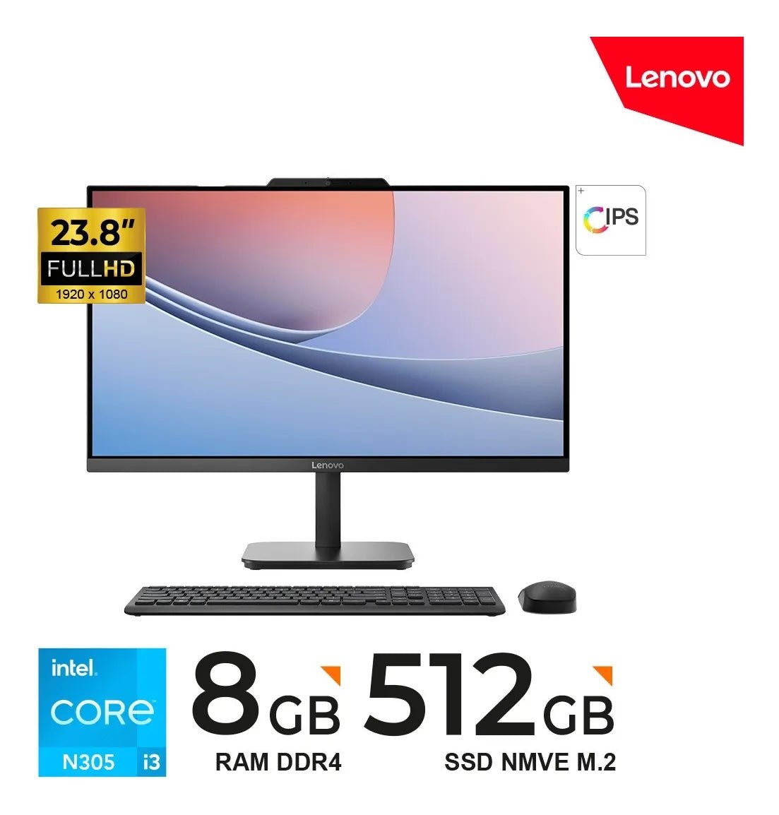 All - in - one Lenovo V100, 23.8" FHD IPS, Core i3 N305 hasta 3.8GHz, 8GB DDR4 - 3200MHz SO - DIMM 13BE004ALD - SMART BUSINESS