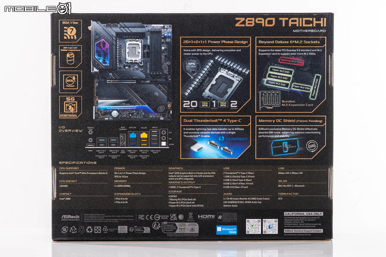 ASRock Z890 Taichi empaque posterior con especificaciones del modelo