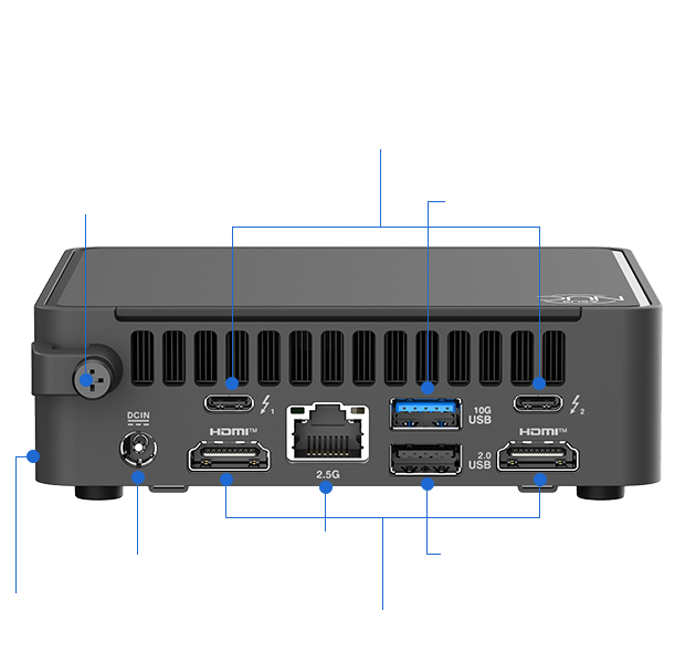 ASUS NUC 15 Pro mini PC vista posterior y puertos