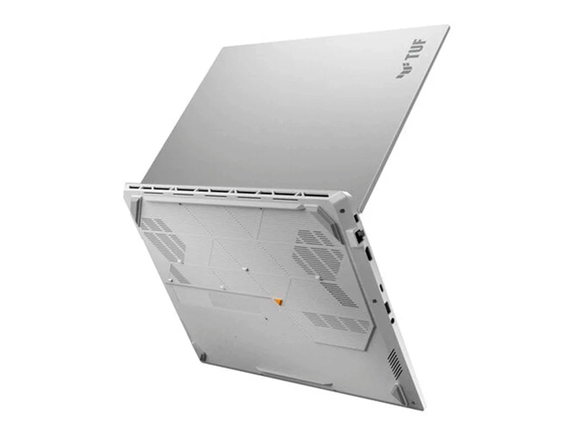 ASUS TUF Gaming A16 FA608UMI-TU255 90NR0KV6-M00J90 Moonlight White, vista inferior en perspectiva con ventilación y puertos