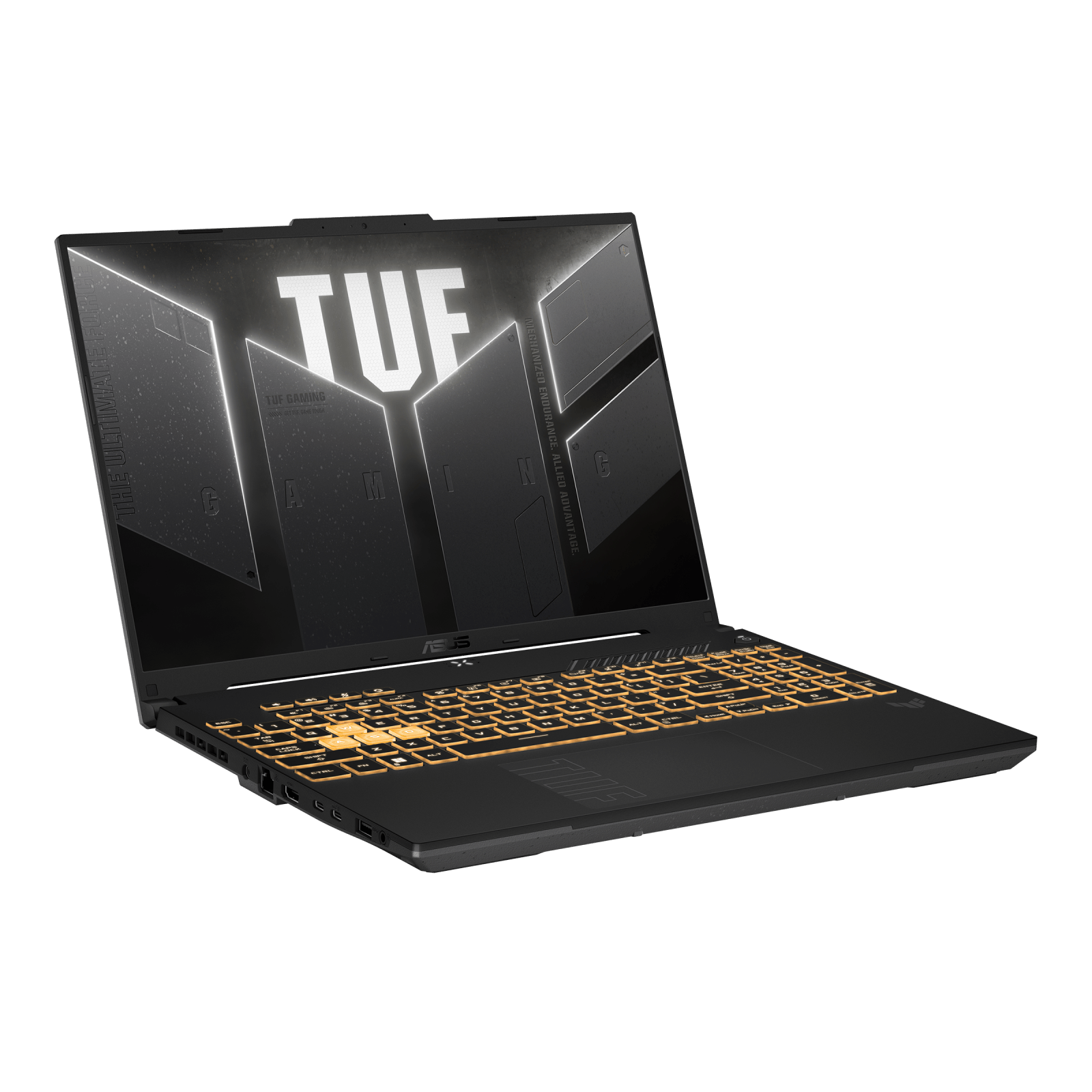 Notebook ASUS TUF Gaming F16 FX607VJR-TU302W 90NR0MZ6-M00J70 vista frontal tres cuartos izquierda en Mecha Gray