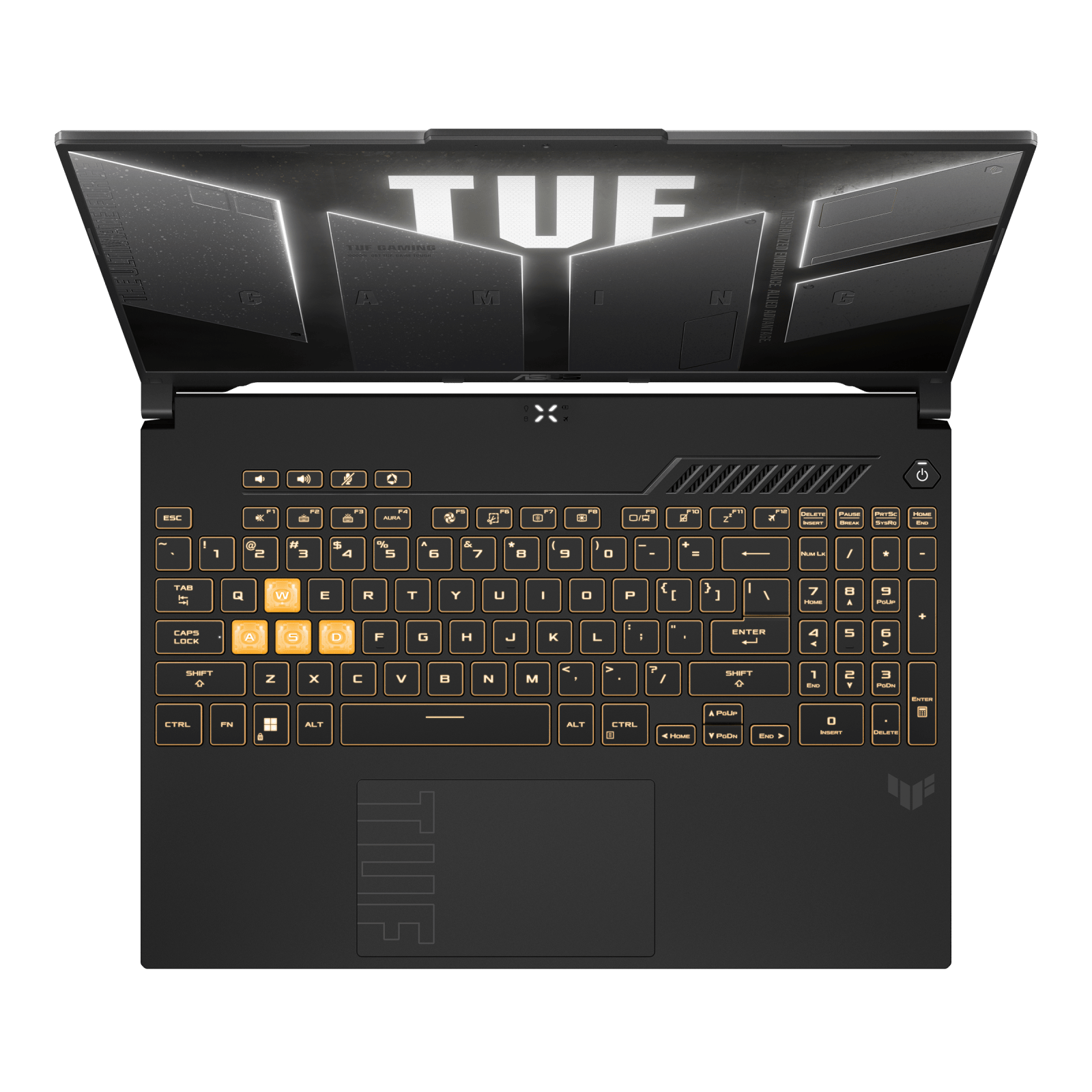 Notebook ASUS TUF Gaming F16 FX607VJR-TU302W 90NR0MZ6-M00J70 vista superior con pantalla y teclado RGB