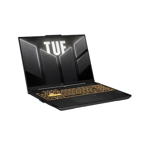 ASUS TUF Gaming F16 FX607VJR-TU315 en vista frontal tres cuartos, color Mecha Gray