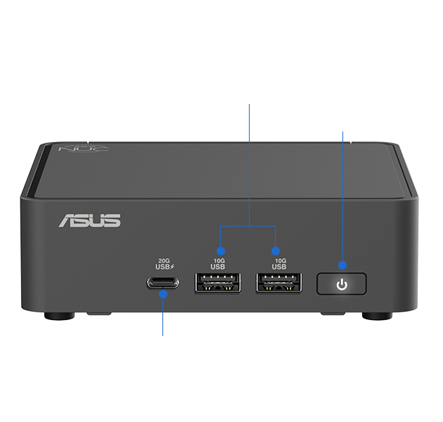 ASUS NUC 15 Pro mini PC vista frontal y puertos