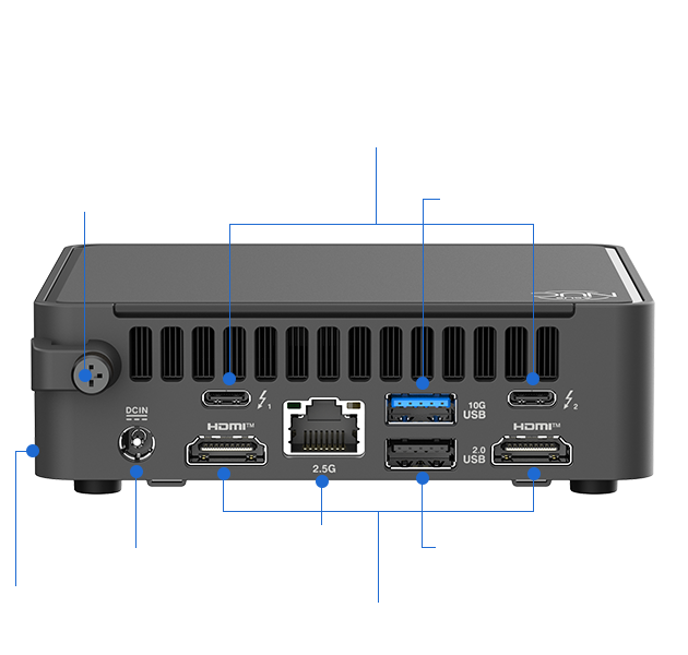 ASUS NUC 15 Pro mini PC vista posterior y puertos