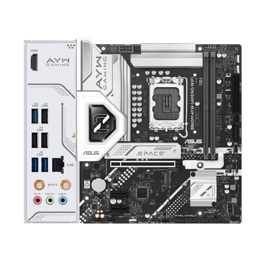 Placa madre ASUS B860M AYW GAMING WIFI, vista oficial completa con panel de conexiones trasero