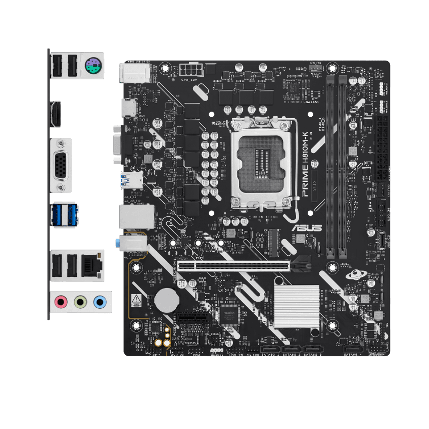 Placa madre ASUS PRIME H810M-K con panel de puertos HDMI VGA USB y Ethernet