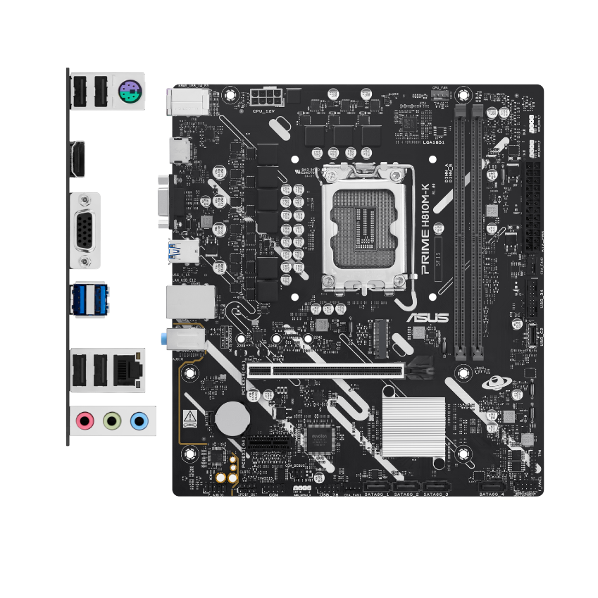Placa madre ASUS PRIME H810M-K con panel de puertos HDMI VGA USB y Ethernet