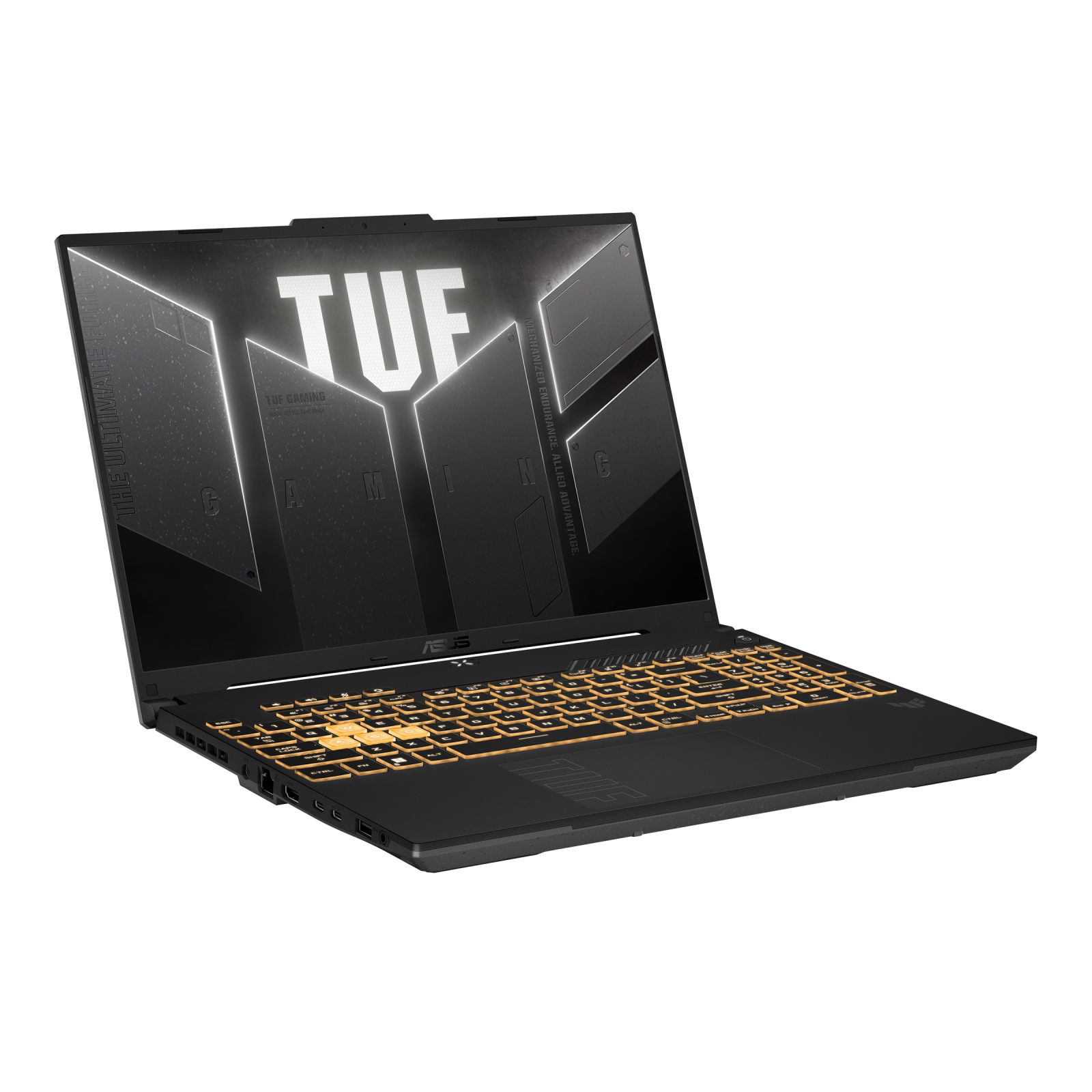 Notebook ASUS TUF Gaming F16 FX607VJR-TU302W 90NR0MZ6-M00J70 vista frontal tres cuartos izquierda en Mecha Gray