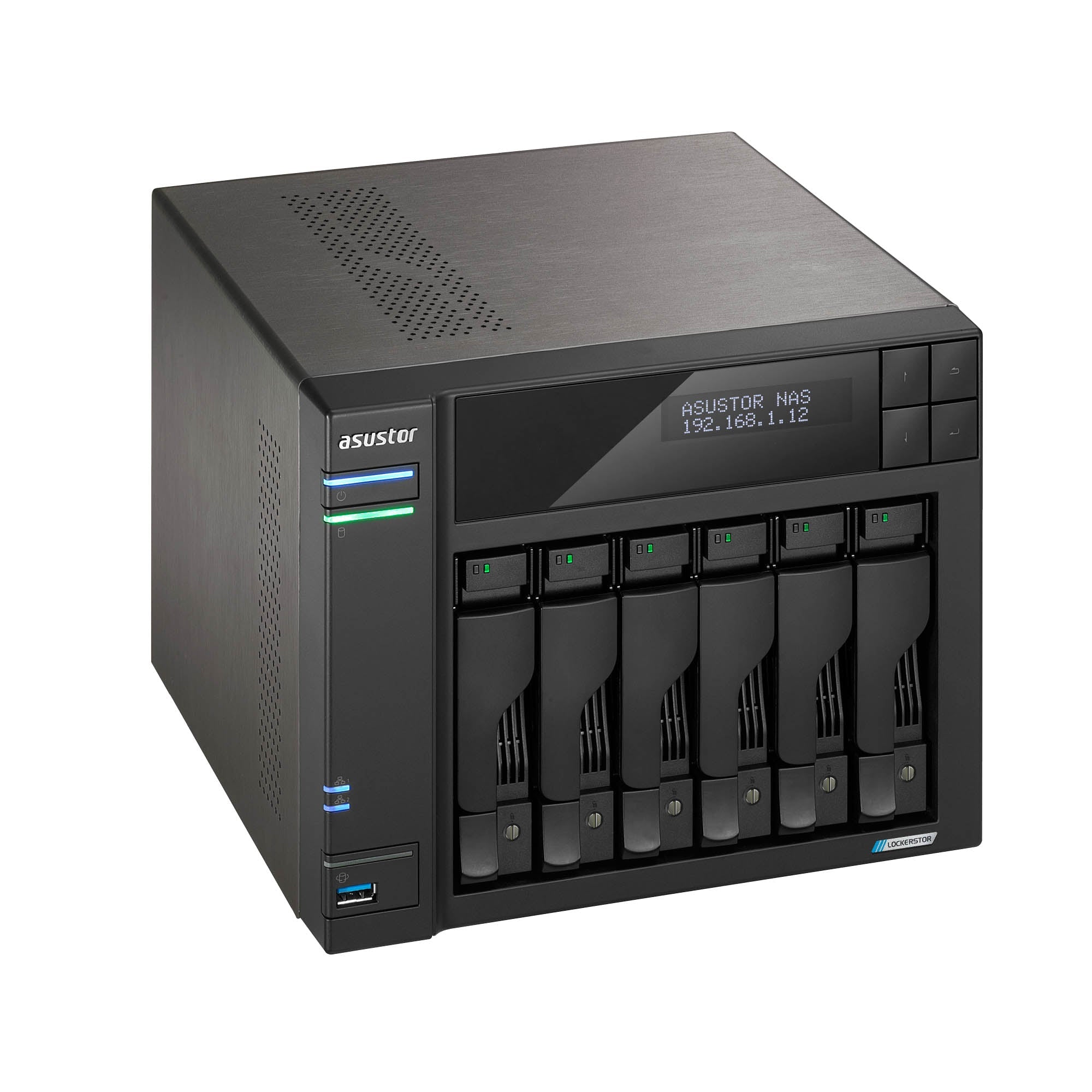NAS ASUSTOR AS6706T V2 — perspectiva superior izquierda — sin discos