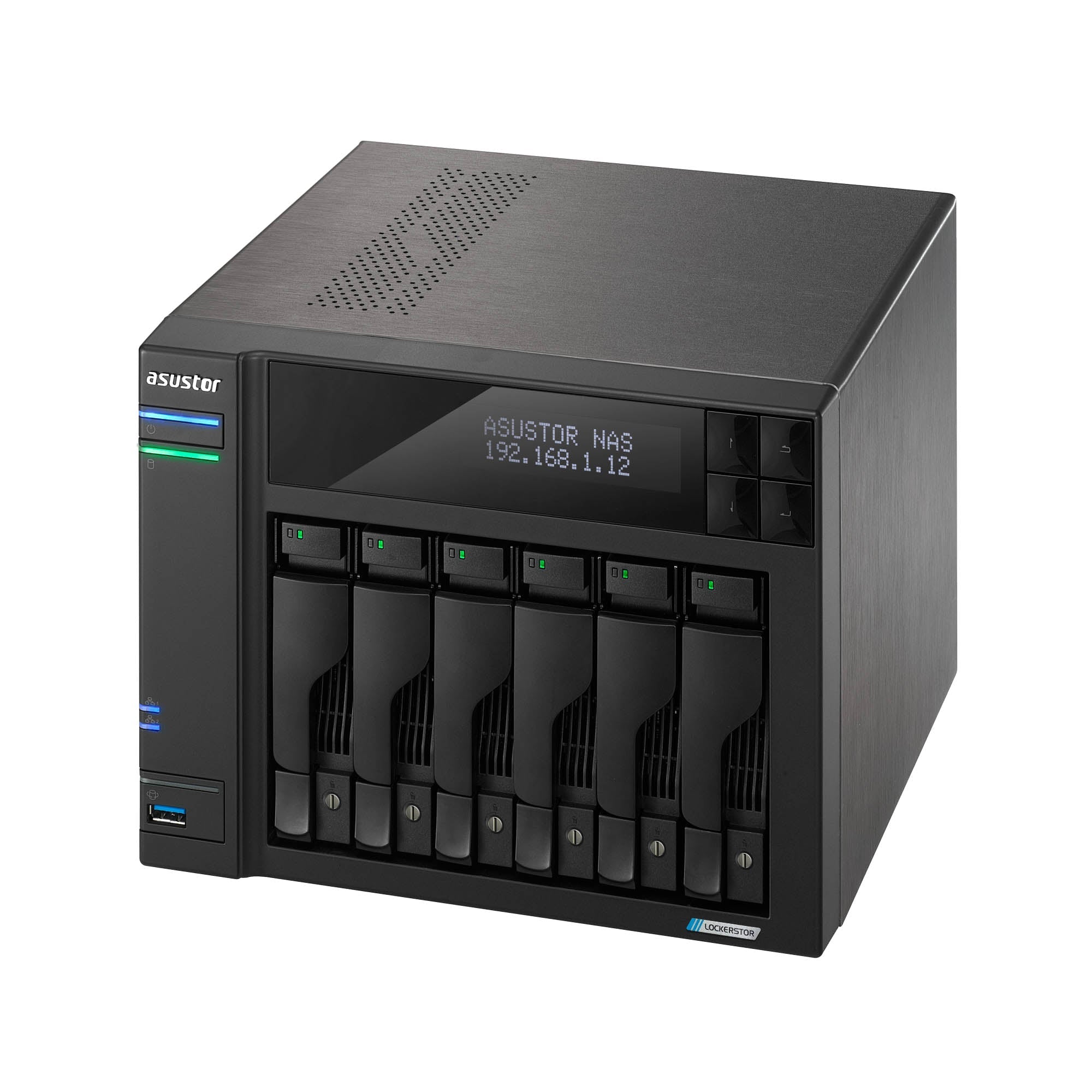 NAS ASUSTOR AS6706T V2 — perspectiva superior derecha — sin discos