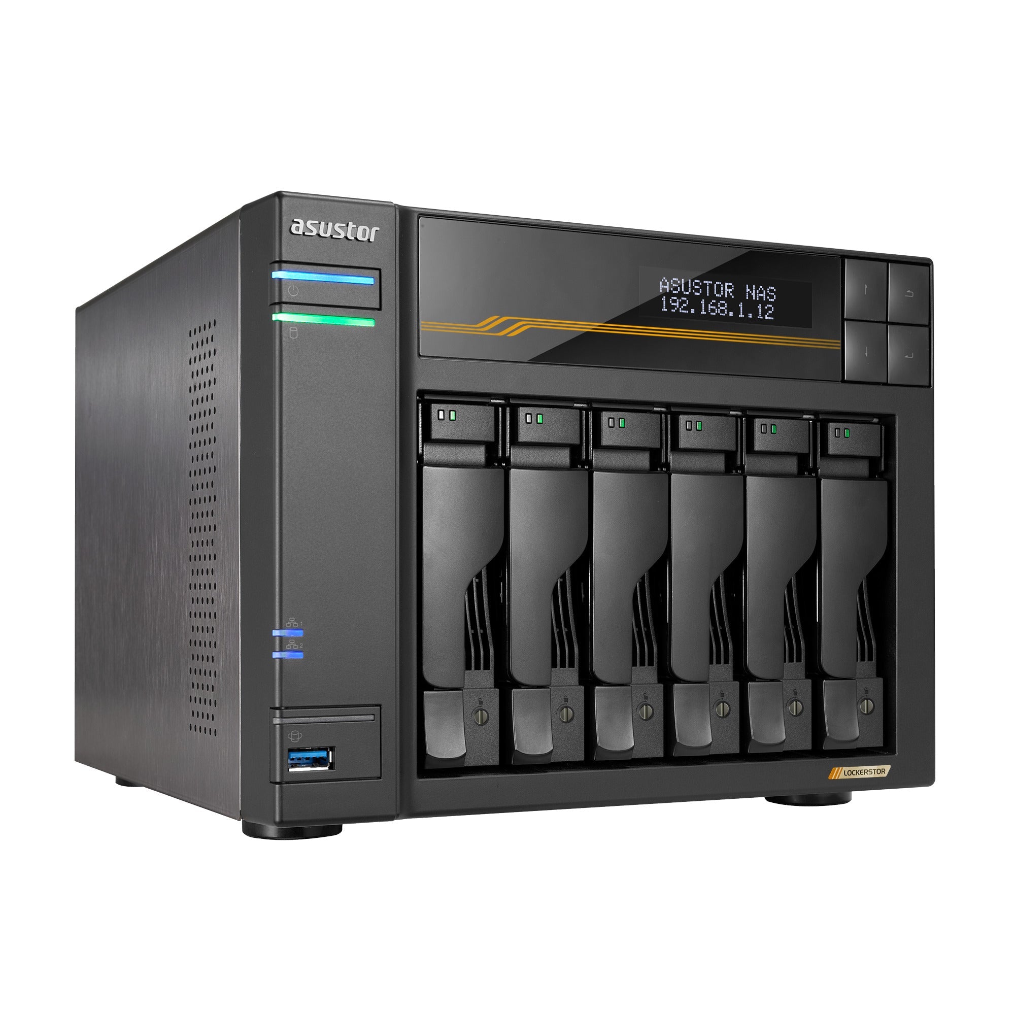 NAS ASUSTOR AS6806T — vista lateral izquierda — sin discos