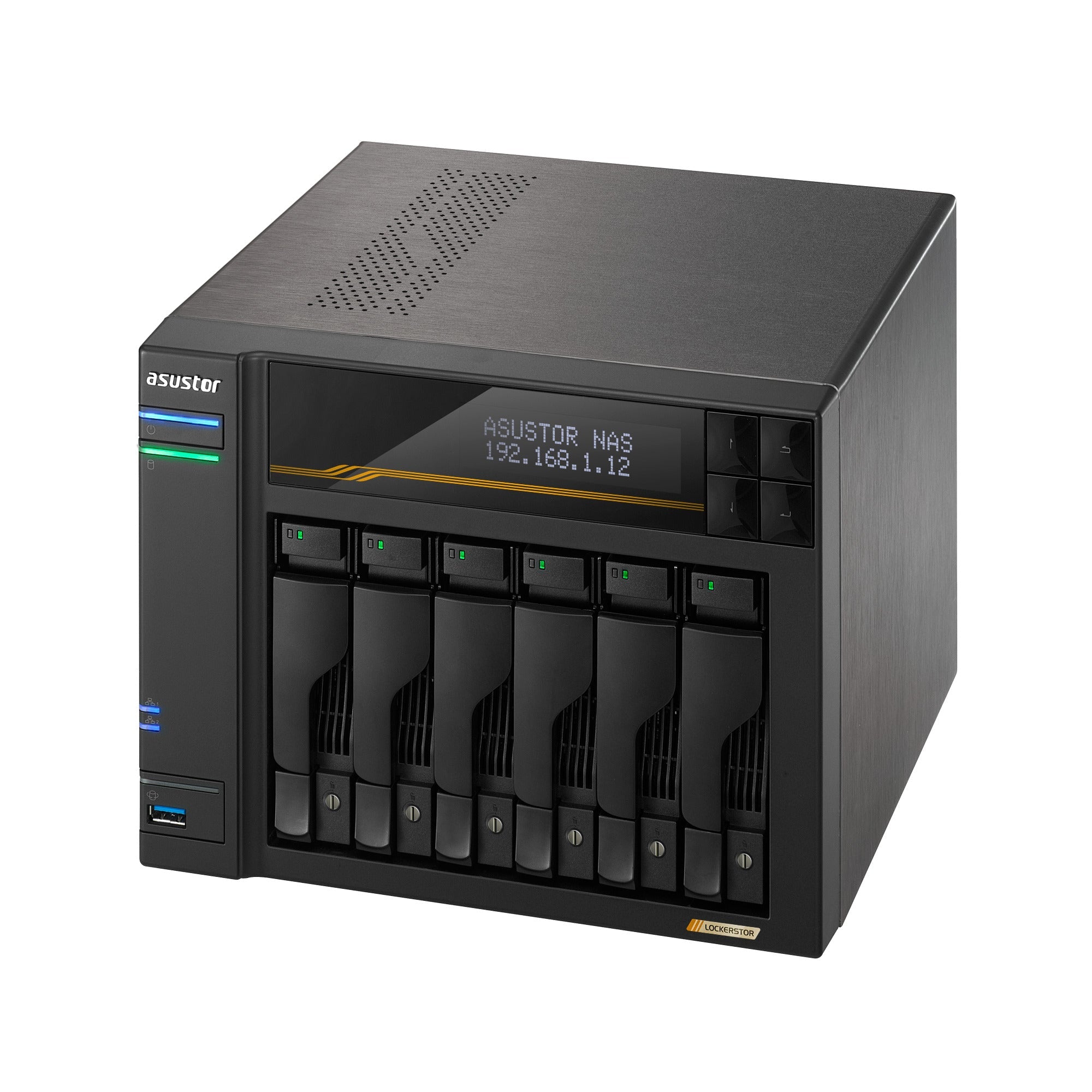 NAS ASUSTOR AS6806T — perspectiva superior derecha — sin discos