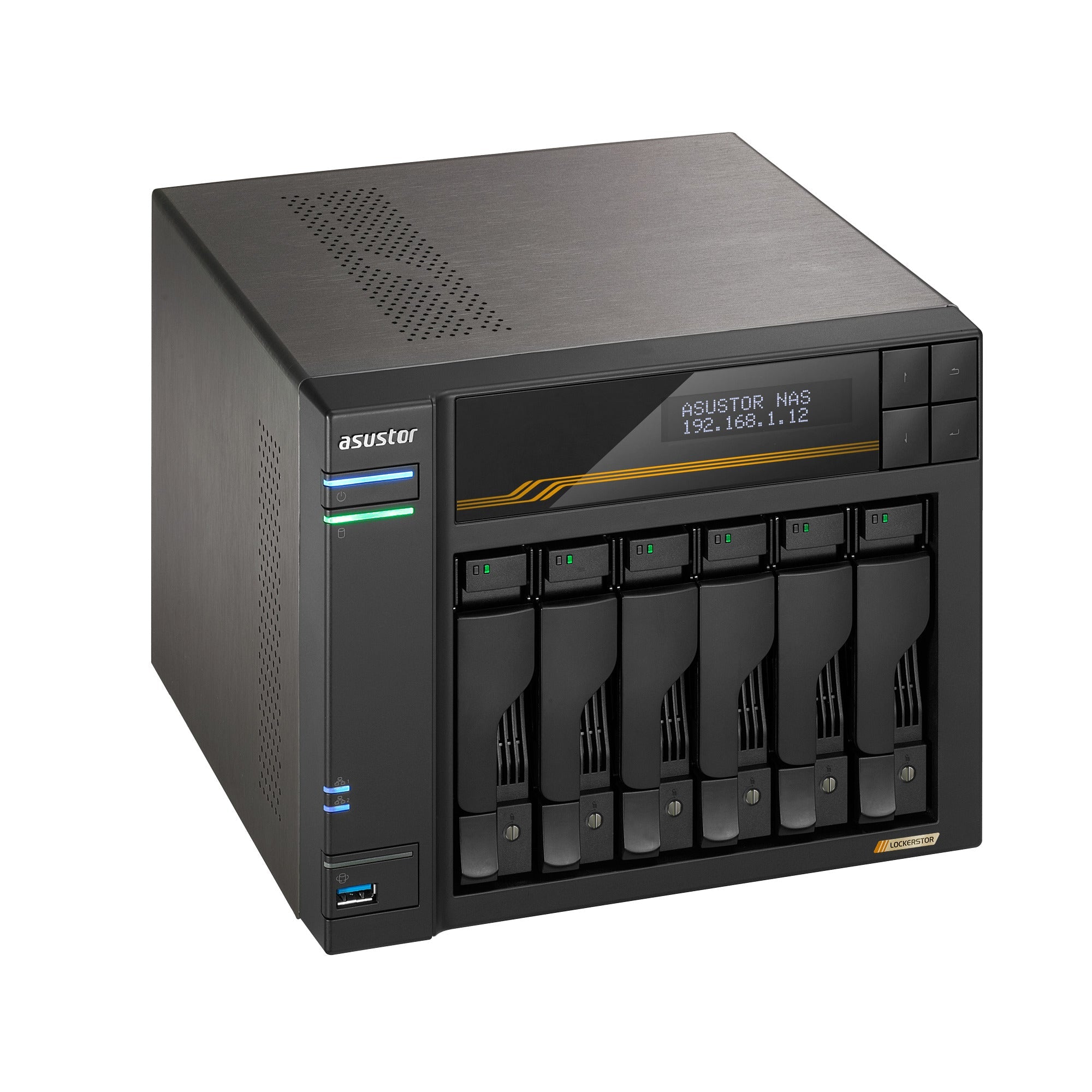 NAS ASUSTOR AS6806T — perspectiva superior izquierda — sin discos