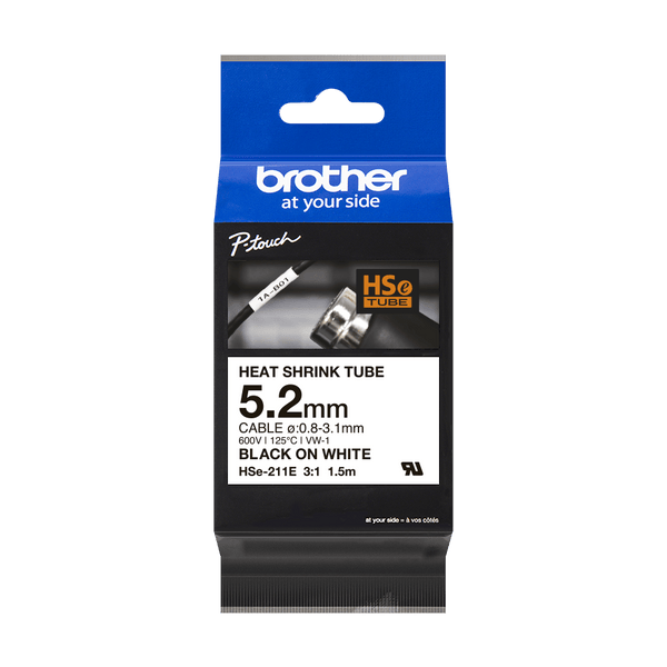 CINTA TERMO-RETRÁCTIL BROTHER HSE211E 5,2 MM X 1,5 M – TEXTO NEGRO SOBRE FONDO BLANCO, IDEAL PARA CABLES Ø 0,8-3,1 MM (LABORATORIO, REDES, ELECTRÓNICA)