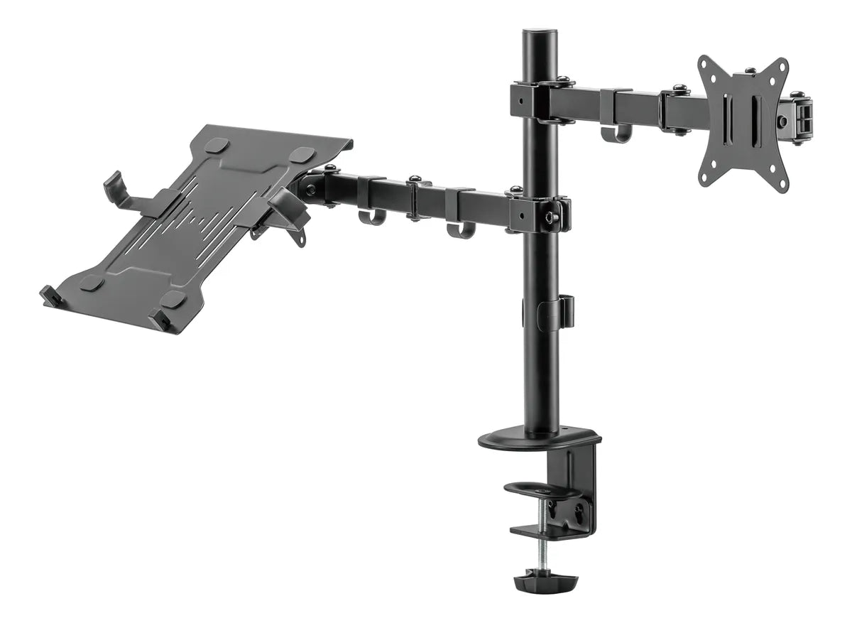 BRAZO SOPORTE AJUSTABLE PARA MONITOR 17″ - 35″ Y LAPTOP 10″ - 15.6″, BASE RACK RESISTENTE, ALTURA REGULABLE, CARGA 2KG - 9KG, IDEAL OFICINA Y GAMING KE32-ML - SMART BUSINESS