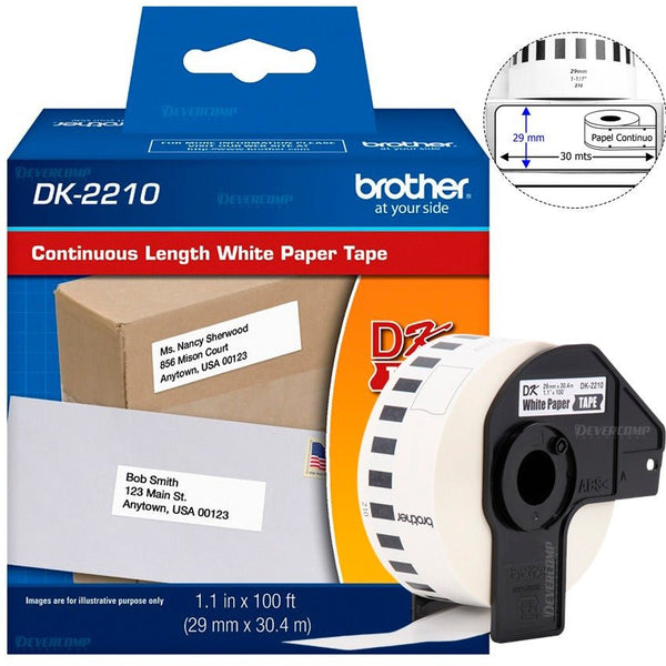 BROTHER DK - 2210 – CINTA DE ETIQUETAS CONTINUA 29 MM X 30.4 M ROLLO COMPATIBLE CON IMPRESORAS BROTHER FÁCIL DE USAR Y DURADERA DK2210 - SMART BUSINESS