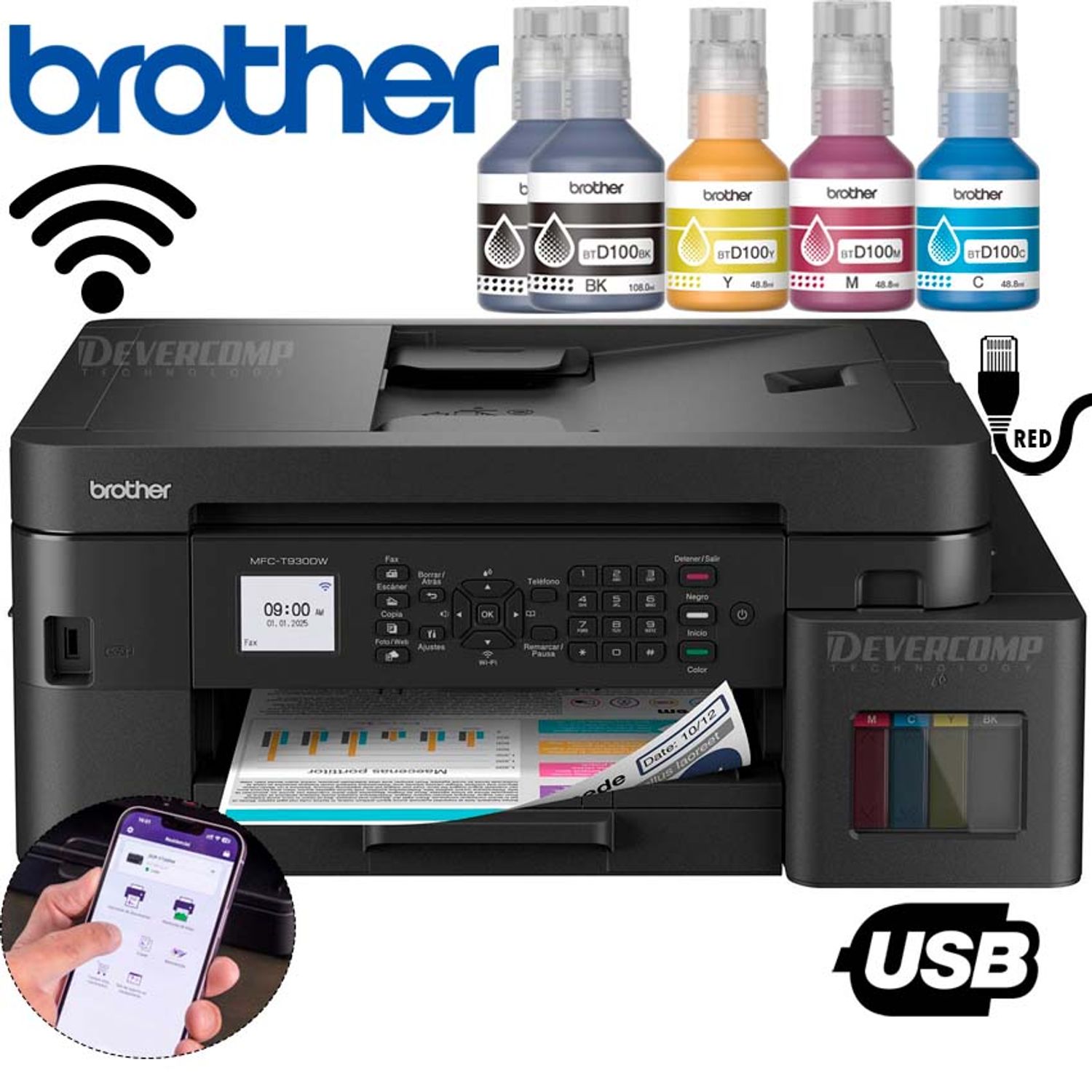 IMPRESORA MULTIFUNCIONAL BROTHER T930DW DE INYECCIÓN A COLOR CON WIFI, IMPRESIÓN DÚPLEX AUTOMÁTICA, ADF Y PANTALLA TÁCTIL PARA OFICINA Y HOGAR de Brother | first_variant_option_1 — Envío inmediato