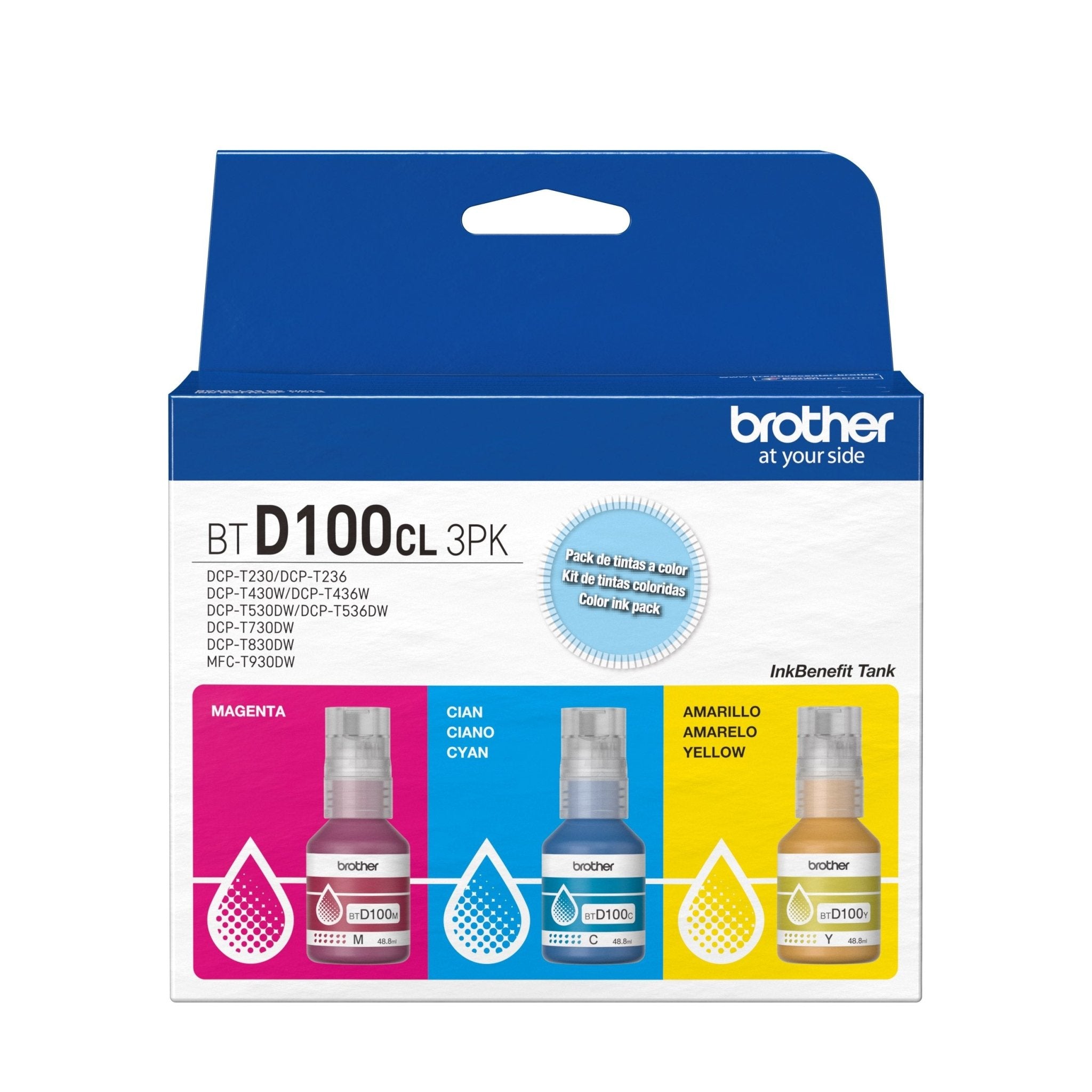 BROTHER PACK OF 3 BOTTLES OF CYAN, MAGENTA AND YELLOW INK BTD100CL3PK YIELD 5,000 PAGES BTD100CL3PK - SMART BUSINESS