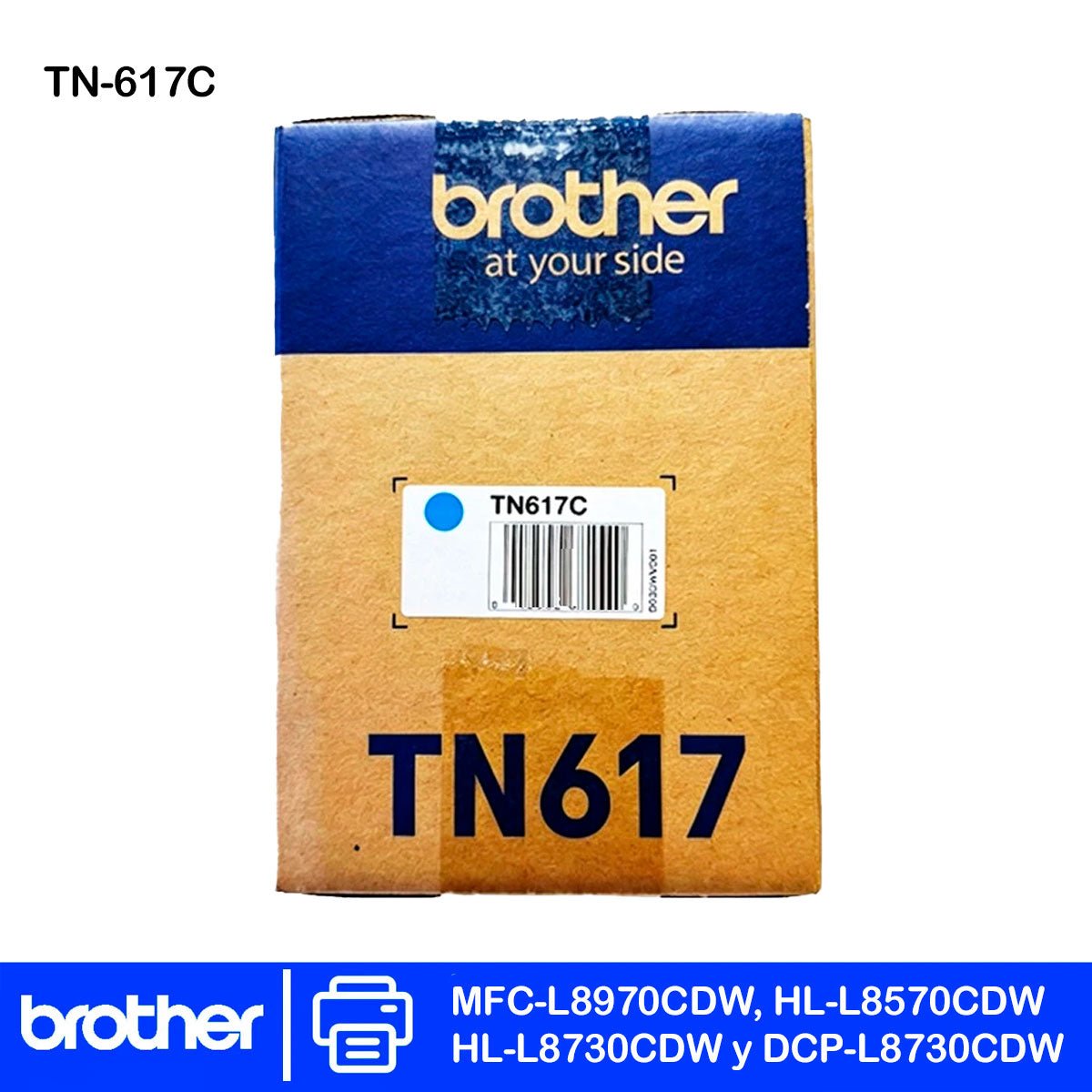 Tóner Brother TN617C Cian original, vista del cartucho