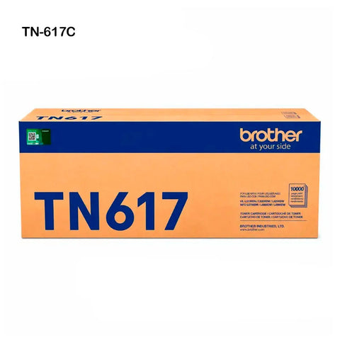 Tóner Brother TN617C Cian original, vista principal del cartucho y empaque